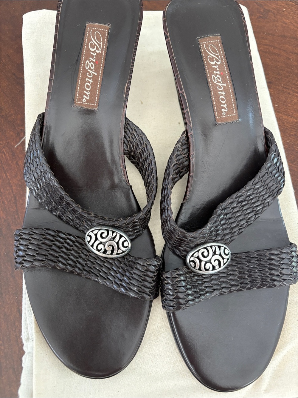 Brighton Dark Brown Woven Slide Mules with Silver Medallions - Denise